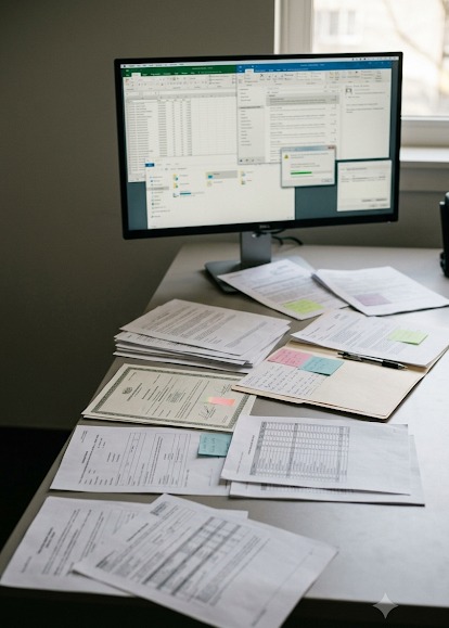 Bureau couvert de documents fournisseurs imprimés à côté d'un écran de tableur